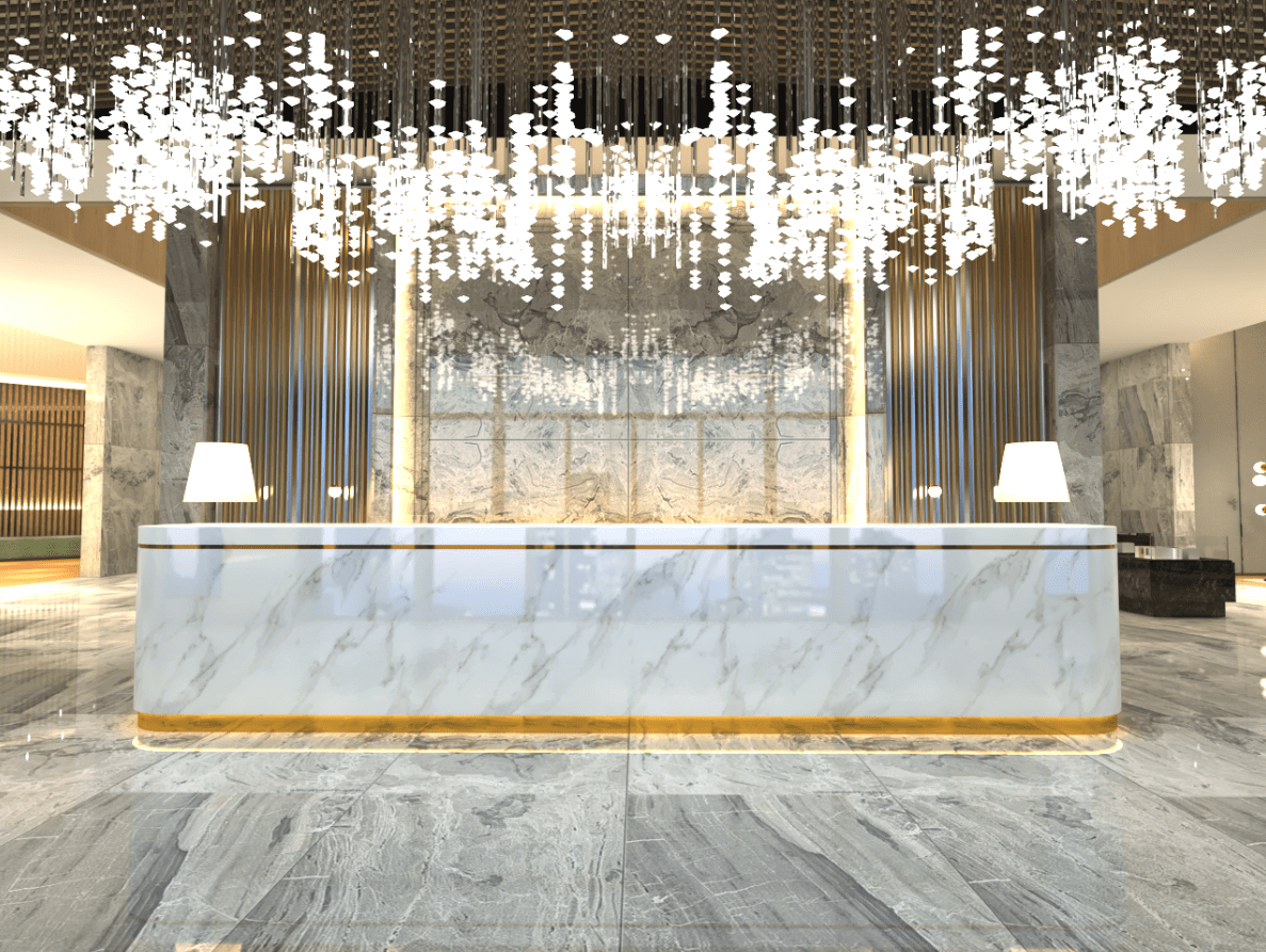 Hotel lobby — book-matched marble wall with brass inlays